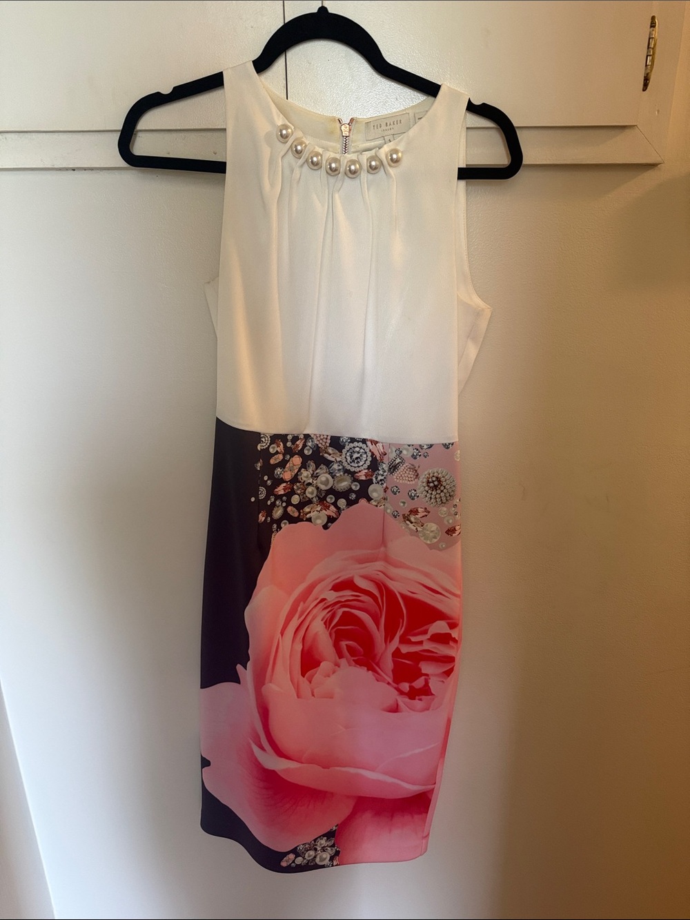 Ted Baker White and Pink Floral Midi Dress with Embellished Neckline